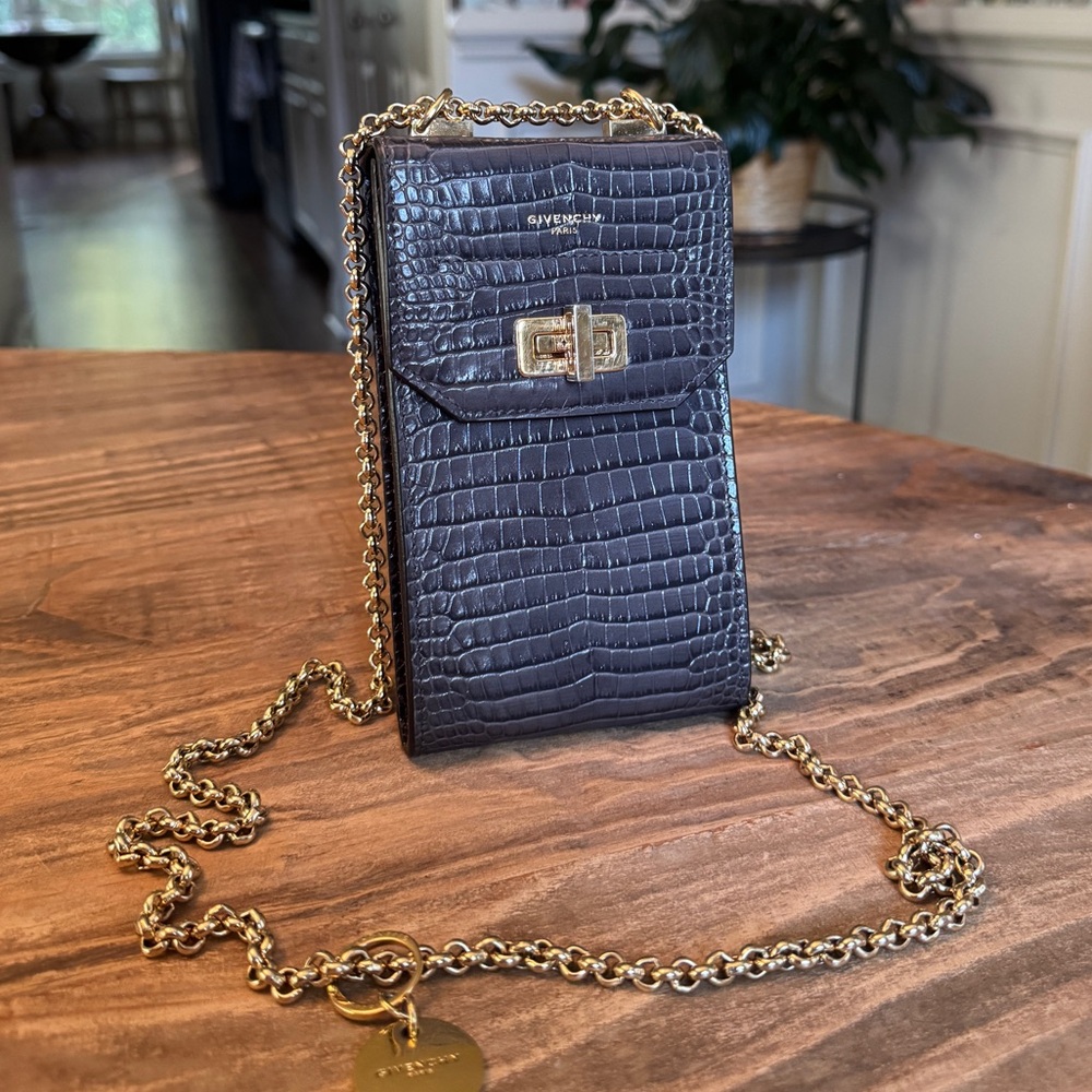 Givenchy Mini Phone Crossbody Bag Gray Croc Embossed Calfskin Gold Chain / Charm
